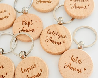 Porte clés en bois rond - Message d'amour