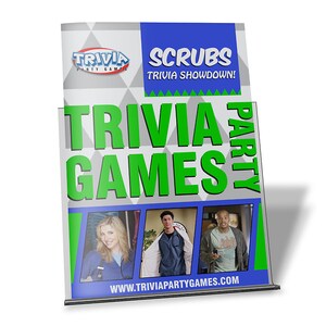 May include: A blue and green trivia game with the title "Scrubs Trivia Showdown!" and a picture of three characters from the TV show Scrubs. The game is made by Trivia Party Games.