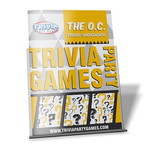May include: A yellow and black sign with the text "TRIVIA PARTY GAMES" and "THE O.C. TRIVIA SHOWDOWN!"  The sign has a background of gray triangles and a website address at the bottom: "WWW.TRIVIAPARTYGAMES.COM".
