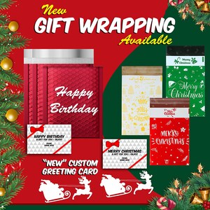May include: Assortment of colorful gift wrapping supplies, including red, green, and white poly mailers with festive designs. The mailers feature the text "Happy Birthday", "Merry Christmas", and "Holly Jolly Christmas".  Also included are two custom greeting cards with a white silhouette of Santa Claus and a reindeer.