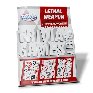 May include: A red and white display stand with the text "Trivia Games" and "Lethal Weapon Franchise: Part 1-4 Trivia Showdown!"  The stand features a black base and a clear acrylic panel with a red border. The stand has a graphic of question marks on the front.