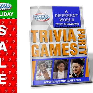 May include: A white and gray retractable banner with the text "TRIVIA PARTY GAMES" in orange. The banner also features a blue background with the text "A DIFFERENT WORLD" and "TRIVIA SHOWDOWN!" in white. The banner has three photos of people from the TV show "A Different World". The banner also has the website address "WWW.TRIVIAPARTYGAMES.COM" in black.