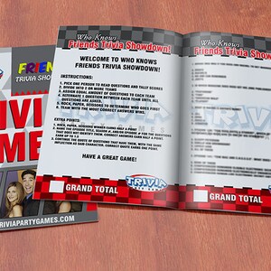 May include: A red and black trivia game booklet with the title "Who Knows Friends Trivia Showdown!" and instructions for playing the game. The booklet features a photo of the cast of the TV show "Friends".