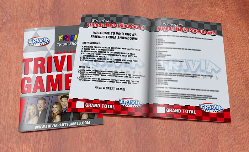 May include: A red and black trivia game booklet with the title "Who Knows Friends Trivia Showdown!" and instructions for playing the game. The booklet features a photo of the cast of the TV show "Friends".