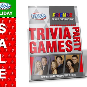 May include: A gray and red display stand with the text "TRIVIA PARTY GAMES" in red. The stand features a photo of the cast of the TV show "Friends" and the text "FRIENDS TRIVIA SHOWDOWN!" in colorful letters. The stand also includes the website address "WWW.TRIVIAPARTYGAMES.COM".