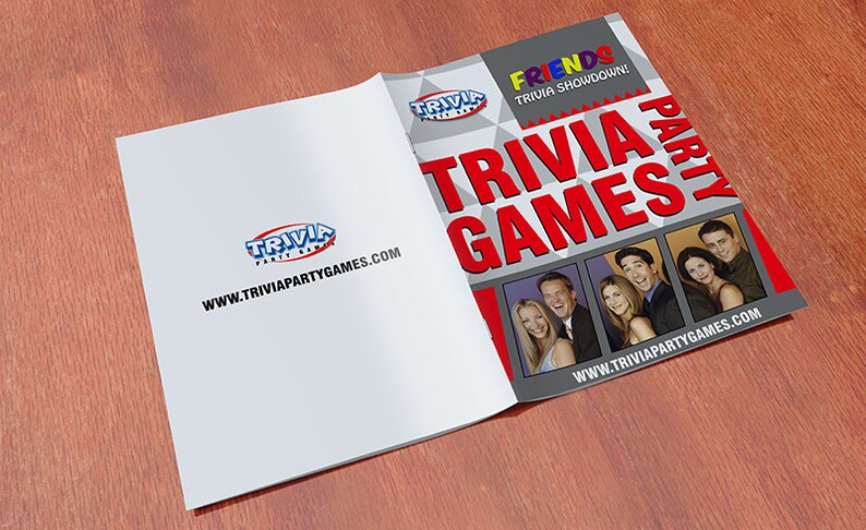 May include: A red, white, and gray trivia game booklet with the title "FRIENDS TRIVIA SHOWDOWN! TRIVIA PARTY GAMES" and a photo of the cast of the TV show "Friends". The website www.triviapartygames.com is printed on the front cover.