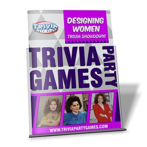 May include: A pink and purple trivia game with the text "Trivia Party Games" and "Designing Women Trivia Showdown!"  The game features images of three women from the TV show Designing Women.