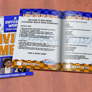 May include: A trivia game booklet with a blue and yellow checkered cover. The cover features the title "Who Knows A Different World Trivia Showdown!" and the text "Trivia Games". The booklet is open to reveal the instructions and questions for the game.