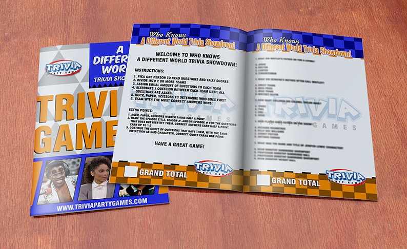May include: A trivia game booklet with a blue and yellow checkered cover. The cover features the title "Who Knows A Different World Trivia Showdown!" and the text "Trivia Games". The booklet is open to reveal the instructions and questions for the game.