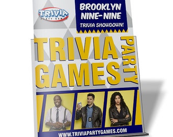May include: A gray and yellow trivia game with a stand. The game features the characters from the TV show Brooklyn Nine-Nine. The game is titled "Brooklyn Nine-Nine Trivia Showdown!" and the logo for "Trivia Party Games" is in the top left corner. The website address "www.triviapartygames.com" is at the bottom of the stand.