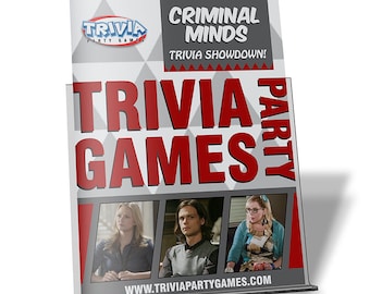 May include: A red and white stand-up display for a Criminal Minds trivia game. The display features the show's logo and the text "Trivia Showdown!"  The display also features photos of three characters from the show.