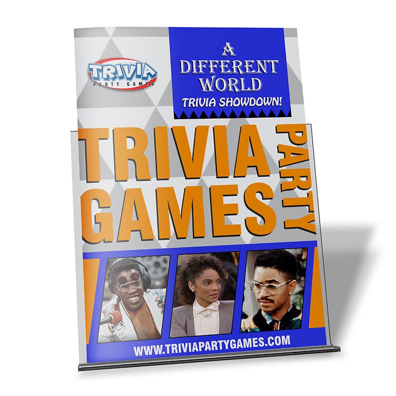 May include: A blue and gray display stand with the text "Trivia Party Games" in orange and white. The stand features a photo of the cast of the television show "A Different World" and the text "A Different World Trivia Showdown!"  www.triviapartygames.com