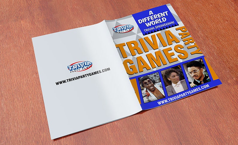 May include: A blue and orange booklet with the text "A Different World Trivia Showdown! Trivia Games Party" and images of three people. The website www.triviapartygames.com is printed on the front and back covers.
