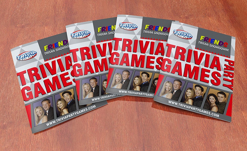 May include: Five red and gray game books with the title "Friends Trivia Games" and a website address. The books feature photos of the cast of the TV show "Friends".