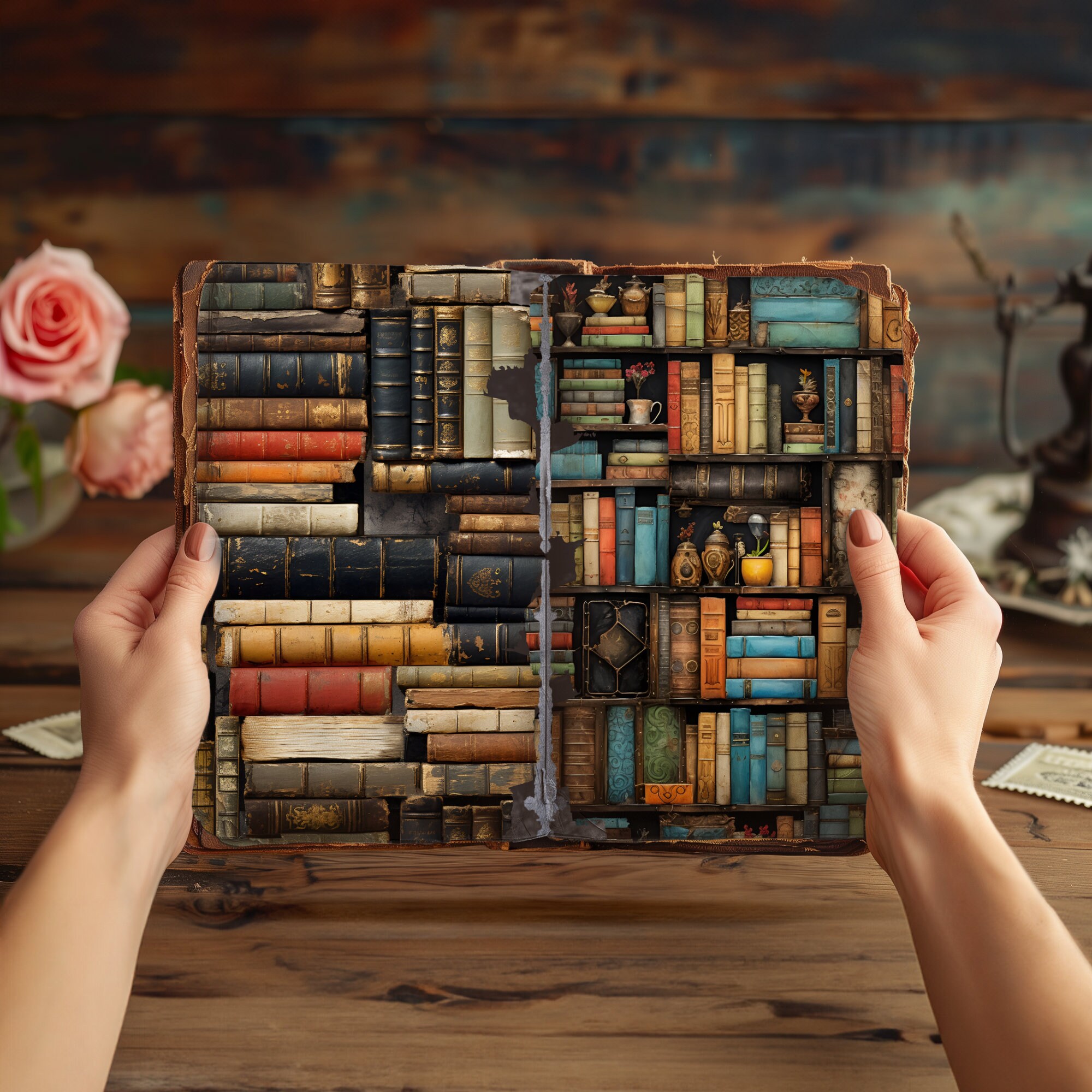 Junk Journal Pages, Bookcase Digital Papers, Shabby Chic Vintage Papers ...