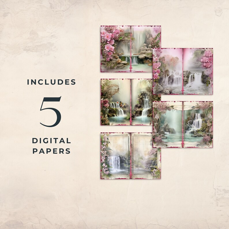 Waterfall Journal Pages, Scenery Digital Papers, Shabby Chic Vintage ...