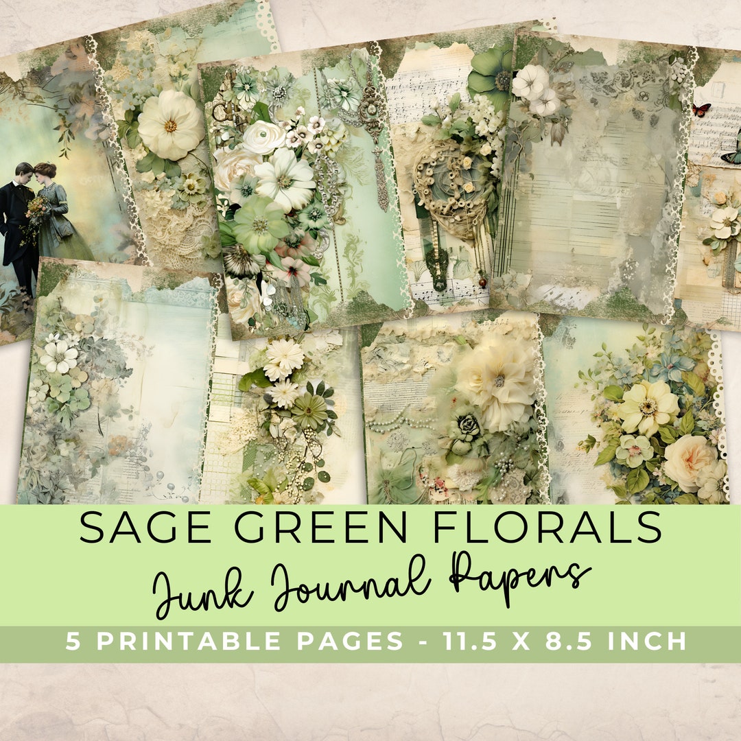 Junk Journal Pages, Sage Green Floral Digital Papers, Shabby Chic ...