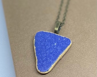 Blue, Upcycled Ceramic Pendant Necklace, Repurposed, Antique Style, Indigo, Beach Pottery, 1 necklace