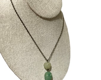 Stone, Beaded, Y Necklace, Repurposed, Mint Green, Bronze, Mid-century vibes, Vintage Inspired