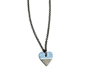 Blue and White, Heart Pendant Necklace, Resin, Wood, Metal Cable Chain, Boho, Charm, Valentine