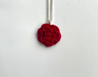 Red, Rose/Peony Flower shaped, Polymer Clay, Handcrafted, Pendant Necklace, Valentine, Galentine, Gift