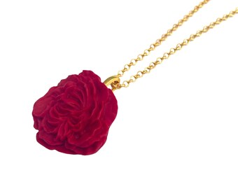Rot, Rose/Pfingstrose Blumenform, Polymer Clay, Handgefertigt, Anhänger Halskette, Valentine, Galentine, Geschenk
