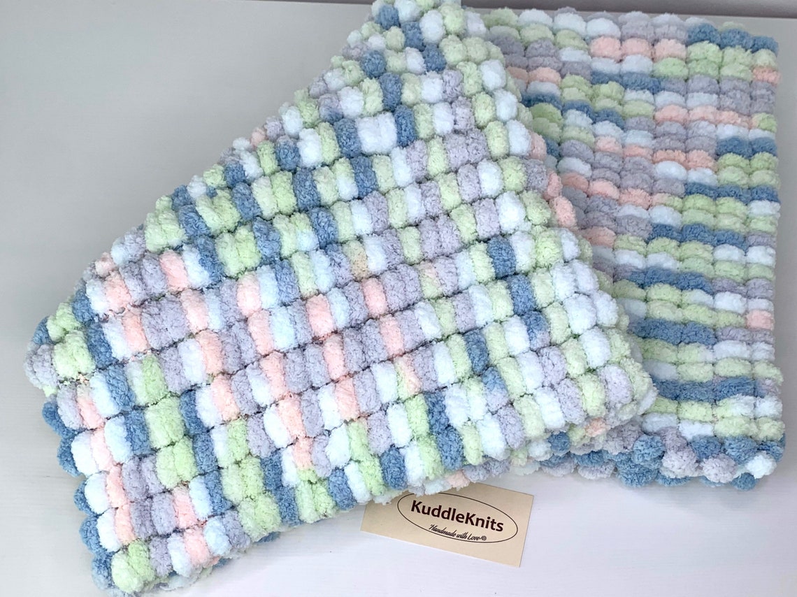 Hand Knitted Pom Pom Baby Blanket Etsy