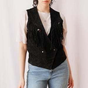 Fringed Vintage Leather Suede 90s Black Boho Laurence Roy Biker Vest for Women