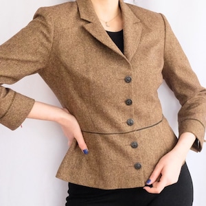 Vintage Tara Jarmon Women&#39;s Wool Brown Blazer Jacket Size S/ Curved Cut Designer Paris Silk Mixed Short Blazer