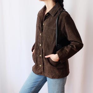 Leather Jacket for Women, Vintage Dark Brown Classsic Button Up Porc Suede Womens Straight-cut Genuine Leather Jacket 90s