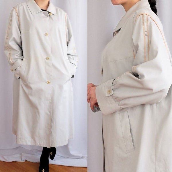 vintage années 90 Beige Long Oversize Trench Coat pour femmes et hommes / Unisex Ivory Crew White Classic Button up Jacket Taille XXL