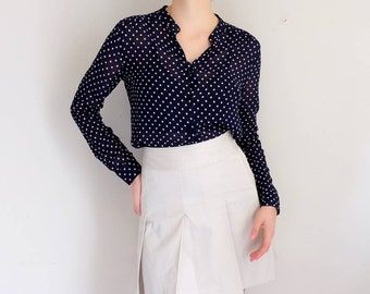 CUSTOMMADE Designer Navy Blue Spotted Casual Button Down Long Sleeve Blouse in Viscose