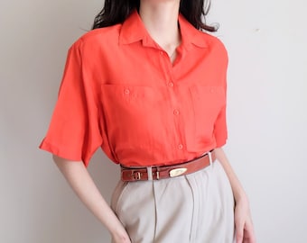 Vintage Pure Silk Marco Pecci Women Red Vermilion 80s Short Sleeve Button Up Shirt Blouse