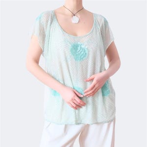 Può includere: Un top azzurro chiaro e trasparente con scollo tondo e maniche corte. Il top presenta un motivo di perline con dettagli turchese. La modella indossa pantaloni bianchi e una collana con pendente bianco. L'outfit è adatto a un'occasione casual o semi-formale.