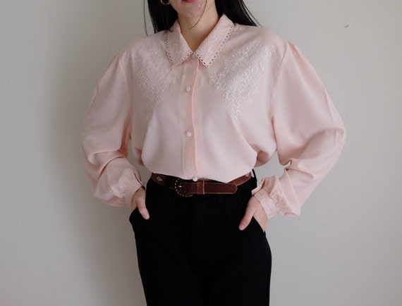 Vintage 80s Pink Floral Embroidered Long Sleeve Wo