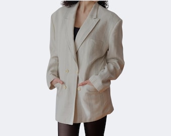 White Striped 100% Cotton Hip Lenght Oversized Blazer Jacket with Shoulder Pads