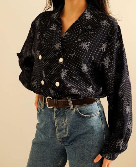 Vintage Navy Blue Blouse / Vintage Satin Shirt /