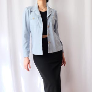 Chaqueta blazer vintage azul claro para mujer, talla S, de Shelli Segal, chaqueta camisera minimalista ligera de color azul polvo con botones en la parte delantera para otoño