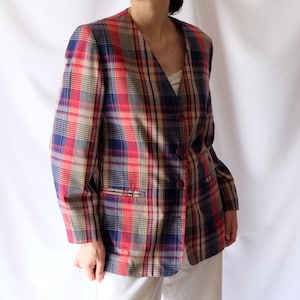 Vintage Plaid Collarless Checkered Cotton Westerlinds Women Medium 80s Buttoned Oversize Spring Red and Blue Blazer Jacket