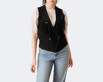 Fringed Vintage Leather Suede 90s Black Boho Laurence Roy Biker Vest for Women