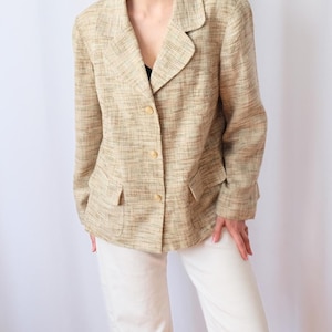 Women's Tweed Beige Blazer Jacket with Shoulder Pads, 2000s Oversized Plus Size Button Up Jacekt for Women