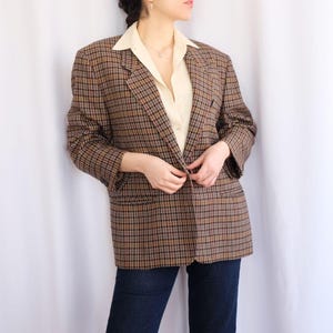 Plaid Cahmere Blazer Jacket for Women , Vintage Brown Checkered Xlarge Cashmere and Wool Womens Oversize
