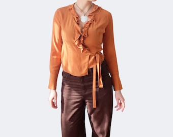 Top a portafoglio in seta stile Y2K arancione con volant / Camicetta vintage anni 2000 in seta 100% con cintura in vita / Camicia estiva leggera e femminile, chic, Made in Italy
