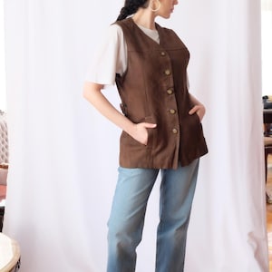 Vintage Womens Leather Vest, Festival Summer Top, 80s Tristan Iseut Genuine Leather & Wool Brown Western Vest - Good Condition, Large Size