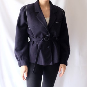 C&A Vintage Wool Navy Blue Belted Button Up Blazer Jacket / Vintage 90s Women&#39;s Pure Wool Coat