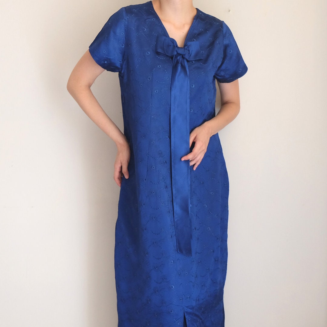 1950s Brilliant Blue Silk Satin Dress w Wrap Detailing & Matching Cropped Bolero Jacket