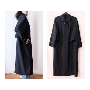 Vintage Woman Blue Long Trenchcoat by Fen-Nelli - Navy Trench Coat Jacket Adjustable Waist - Made in Canada- Size XXL - 1990s