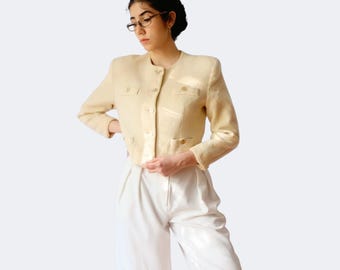 Vintage 80s White Silk Linen Cropped Blazer Puff Sleeves Bolero