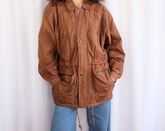 Vintage Echt Lederen Bruine Verstelbare Taille Lange Jas met Veel Zakjes Geschikt voor Dames en Heren / Echt Zware Lederen Parka Jas