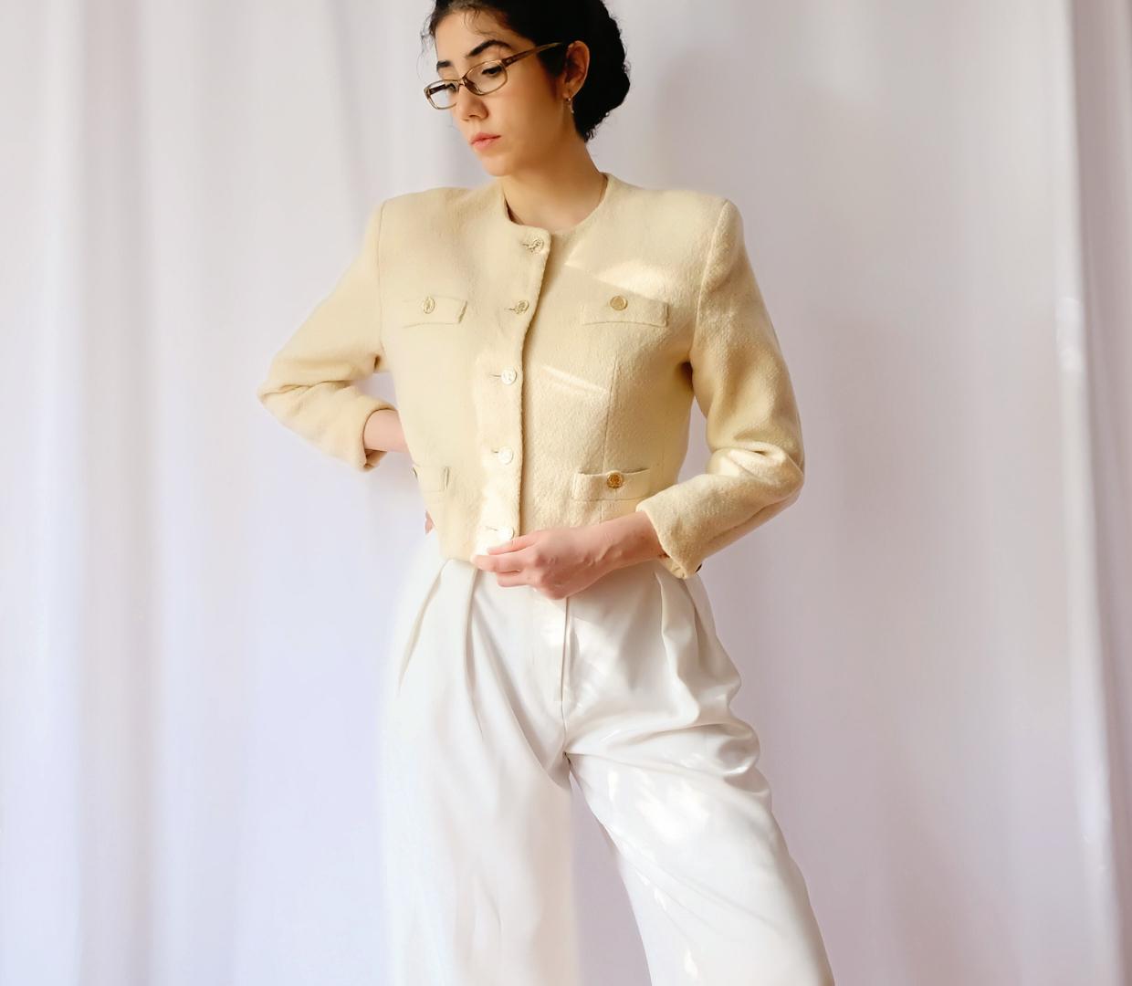 Wool Vintage 90s Jones New York Ivory White Crop Women's Blazer Jacket with Gold Buttons